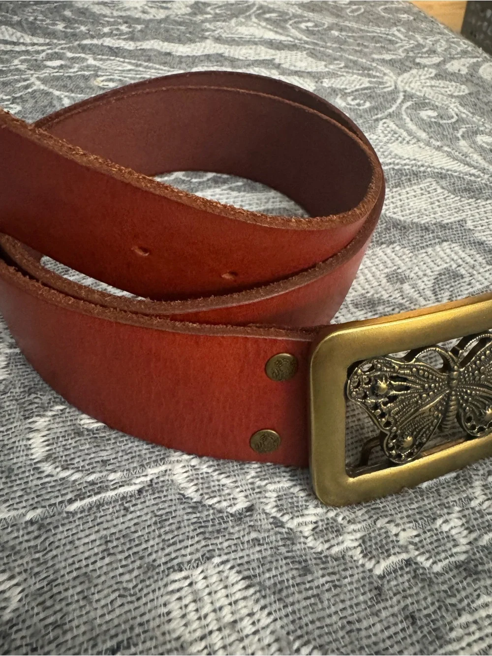 Lucky Brand Vintage Leather Belt Brown Big Brass Butterfly Buckle 32” Boho